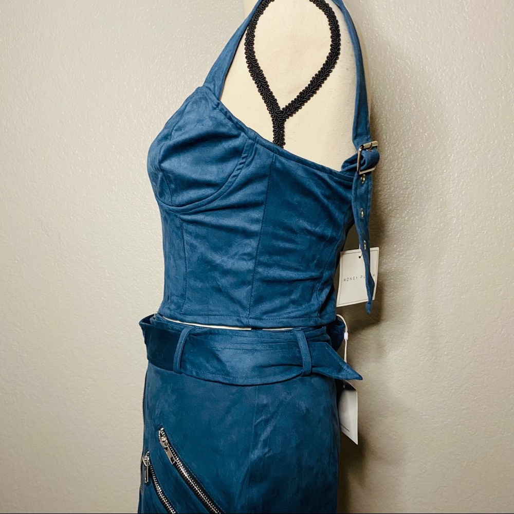 NEW Teal Suede 2 Piece Skirt and Crop Top Set - Picture 5 of 7